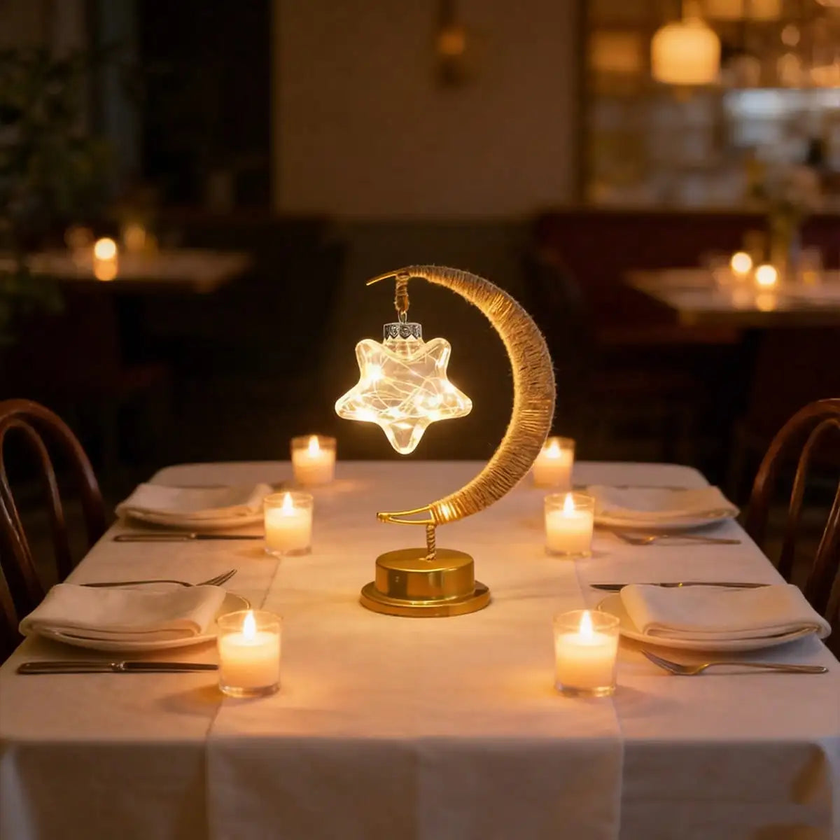 lampe table led or vintage étoile lune corde tressée romantique chambre décoration nocturne