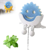 porte éponge cartoon souriant éponge dentelée ventouse évier couleur bleue jaune verte