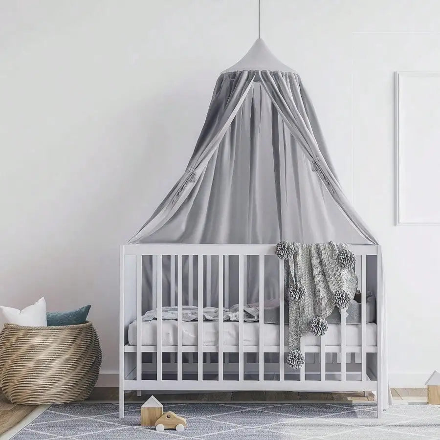 canopée lit enfant polyester gris blanc jaune rose motif floral moderne anneaux vis suspension
