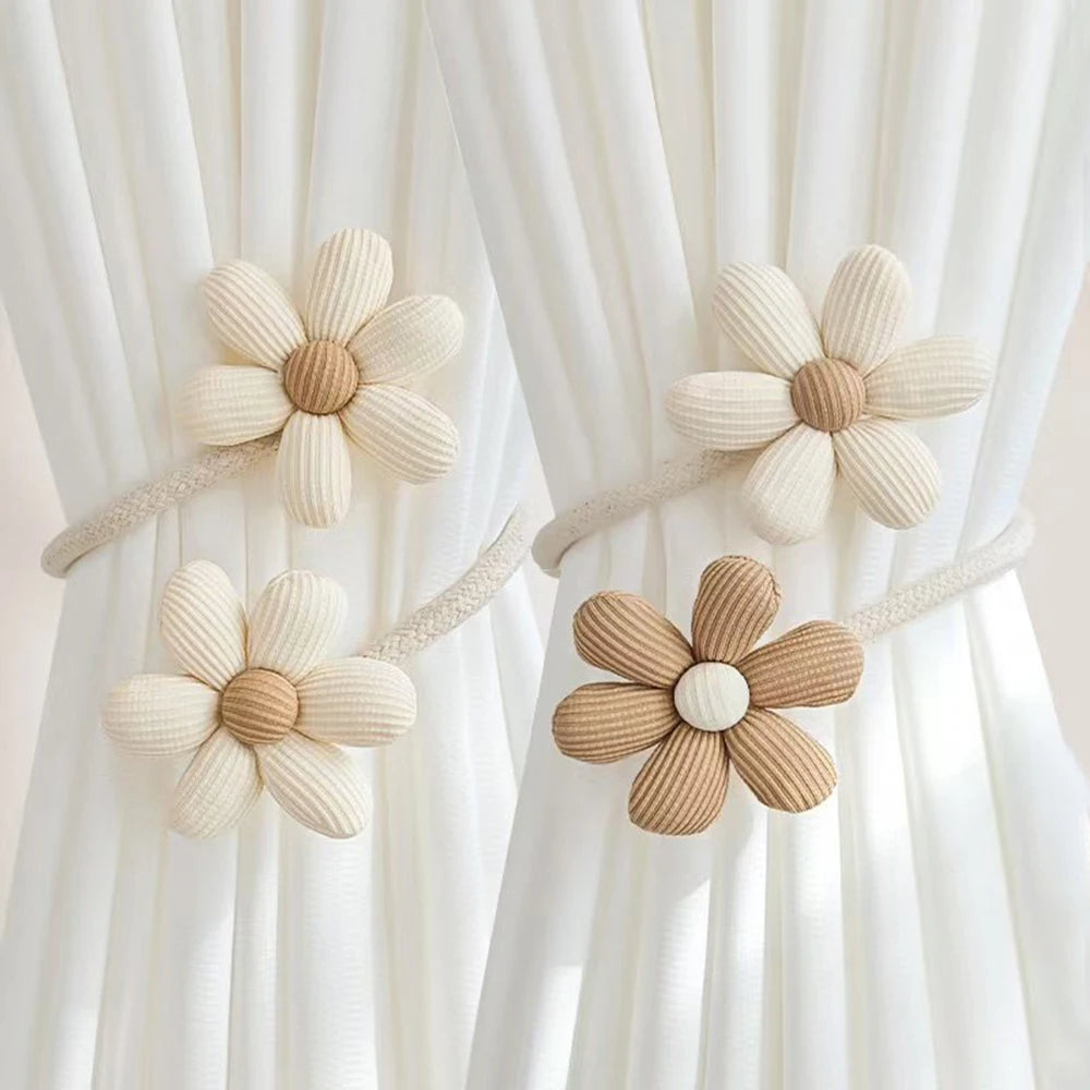 accessoires rideau fleurs texturées attaches ficelles bohème decor maison anneaux boucles tressées rustique