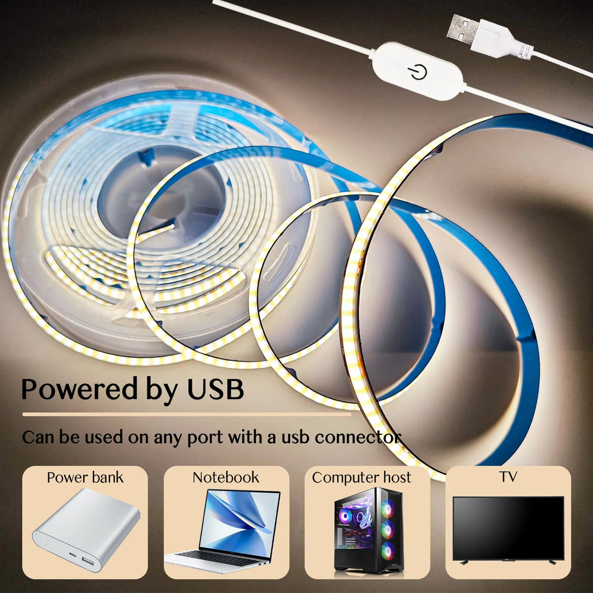 ruban led flexible blanc bleu adhésif interrupteur tactile câble usb dimmable moderne chambre cuisine