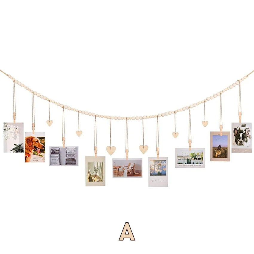 guirlande bois photos suspendues cœurs pinces rustic bohème décoration mur