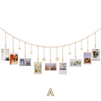 guirlande bois photos suspendues cœurs pinces rustic bohème décoration mur