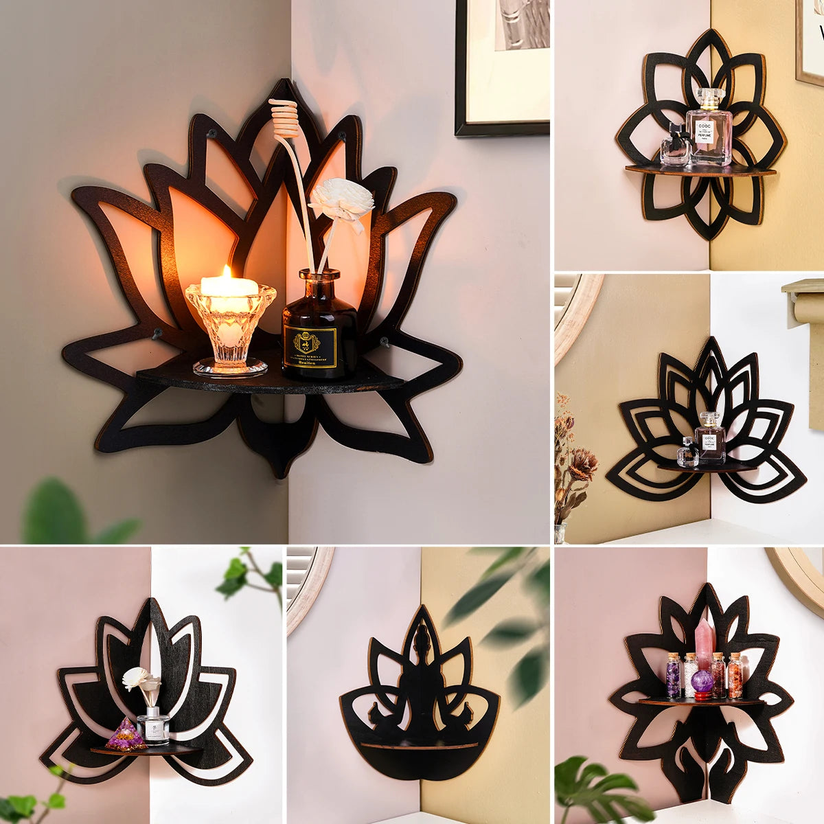 étagère murale bois forme lotus noire moderne texture naturelle