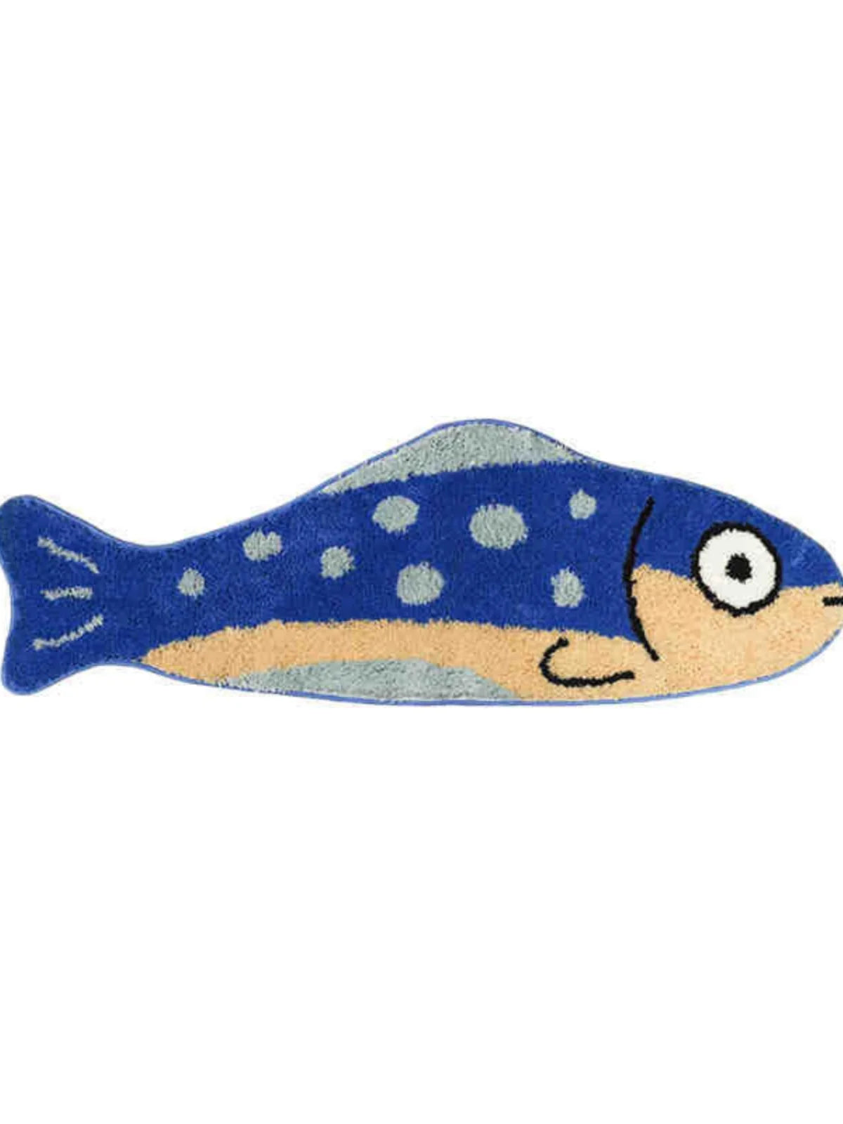 tapis créatif dessin animé poisson stylisé souriant motifs géométriques bleu blanc jaune noir maison