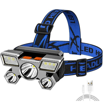 lampe frontale led rechargeable camping pêche rayures noires orange ceinture ajustable haute luminosité usb