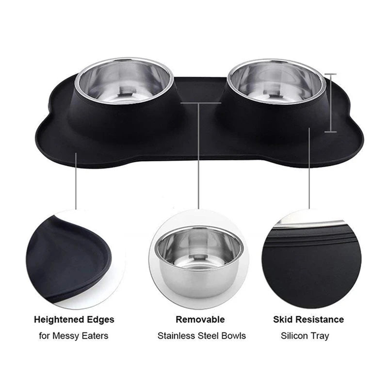 bols alimentation animaux acier inoxydable noir silicone moderne antidérapant deux bols plateau