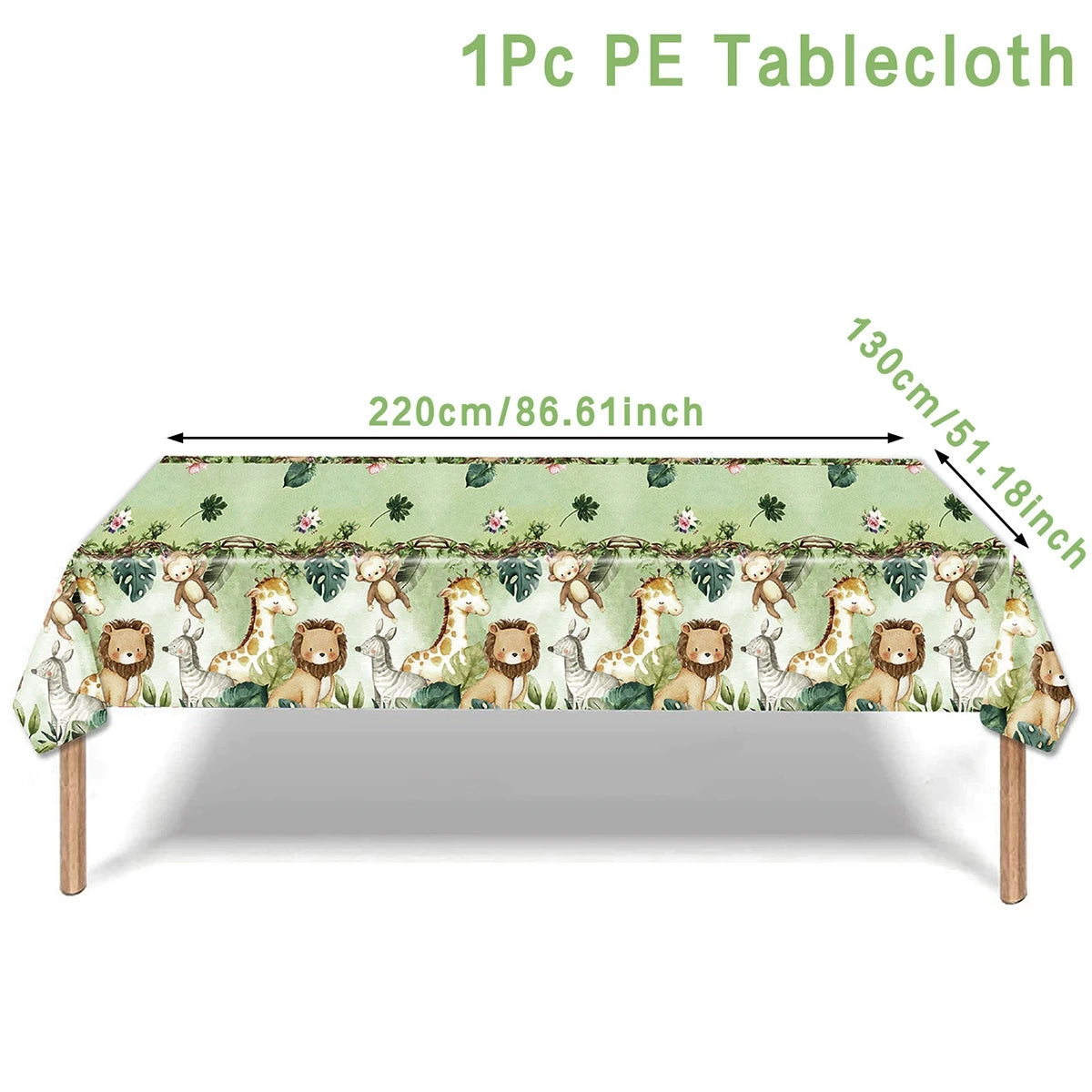 nappe anniversaire animaux jungle girafe lion zèbre singe vert clair feuilles tropicales enfantines festive