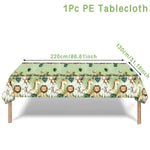 nappe anniversaire animaux jungle girafe lion zèbre singe vert clair feuilles tropicales enfantines festive