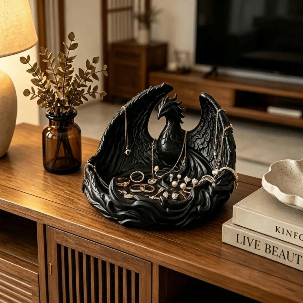 support bijoux forme phoenix rouge or noir relief plumes artisanal decoratif bracelets boucles doreilles