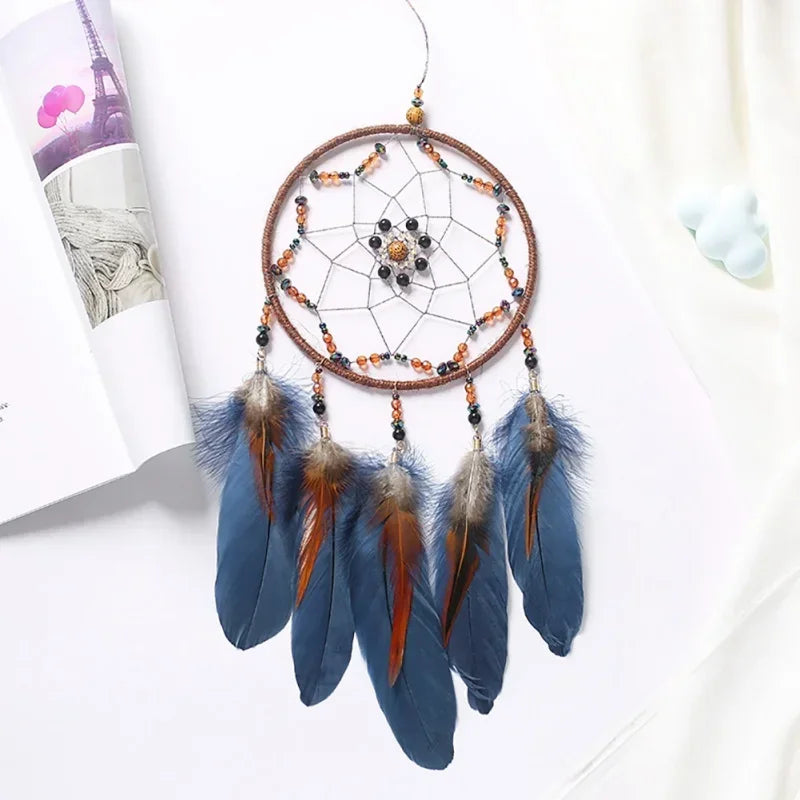 guirlande décorative attrape rêves bohème ethnique plumes tissage dentelle franges bois clair marron orange