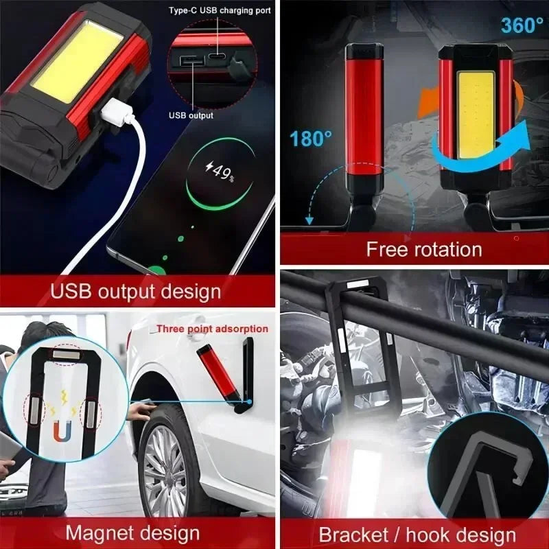 lampe travail rechargeable led usb clips magnétiques étanche modes lumière portable camping