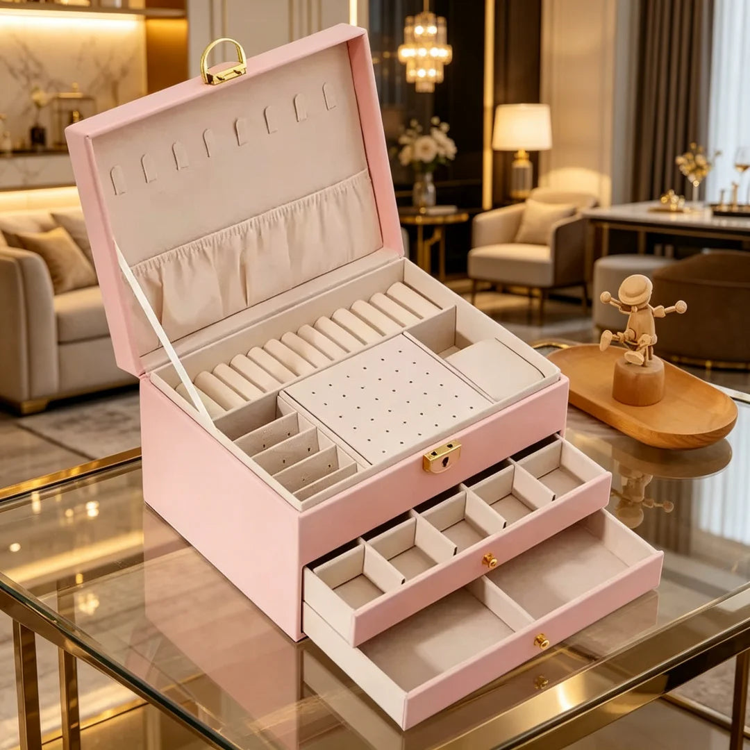 boîtes bijoux modernes élégantes compartiments cuir velours noir blanc vert rose poignées dorées