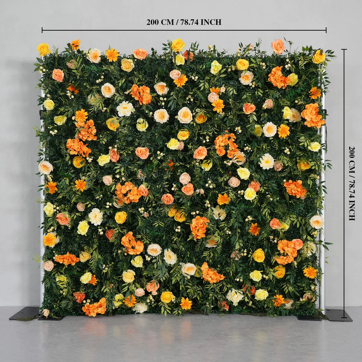 panneau floral décoration événementiel intérieur vert orange roses feuilles texturées fixations charnières événements decoration