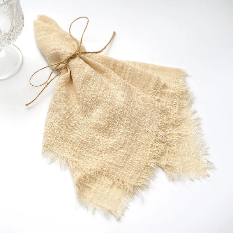 serviette coton beige rose blanc tissage fin bordures frangées rustique naturel