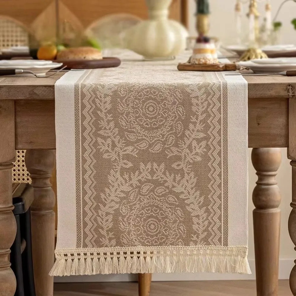 nappe table beige geometrique franges tissage rustique boheme abstrait 180cm 35cm