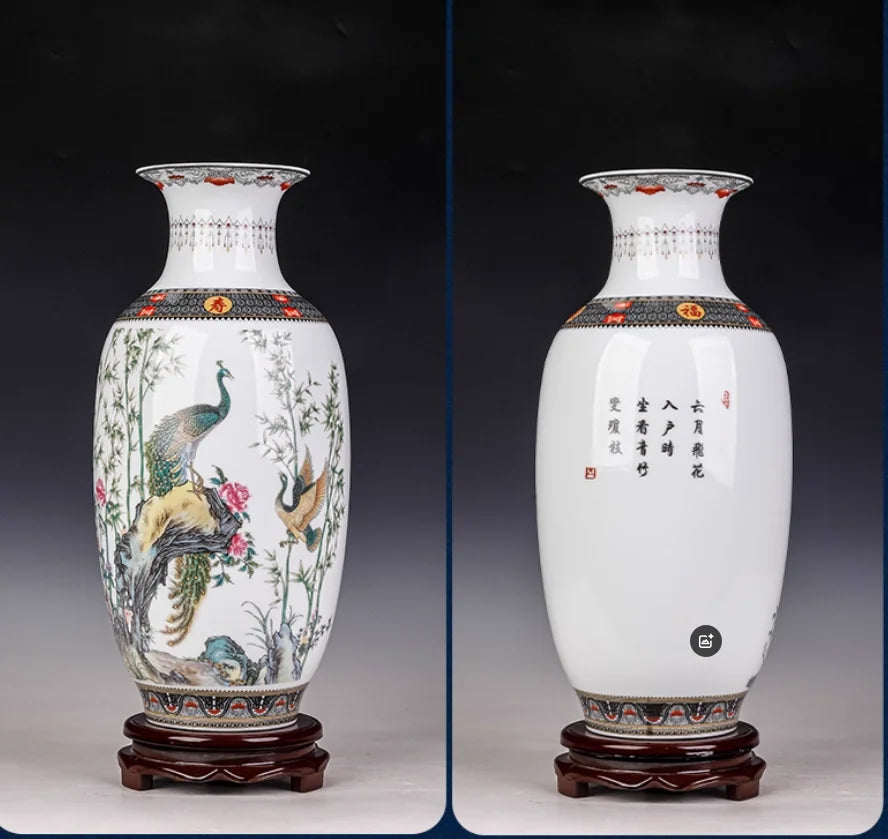 vase céramique traditionnel chinois oiseaux pavons fleurs bambou géométrique salon decoration