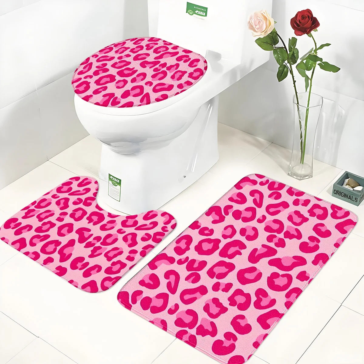 tapis bain imprimé léopard rose moderne ensemble trois pièces absorbant eau antidérapant