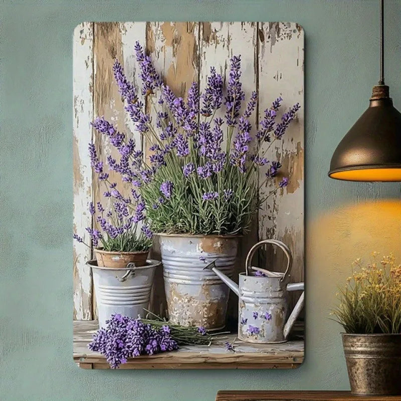 décoration murale rustique plaque métal fleurs lavande pots arrosoir vintage blanc bleu gris violet