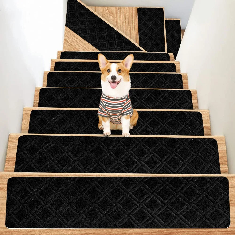 tapis escalier antidérapant vinyle daim patchwork noir gris beige moderne minimaliste
