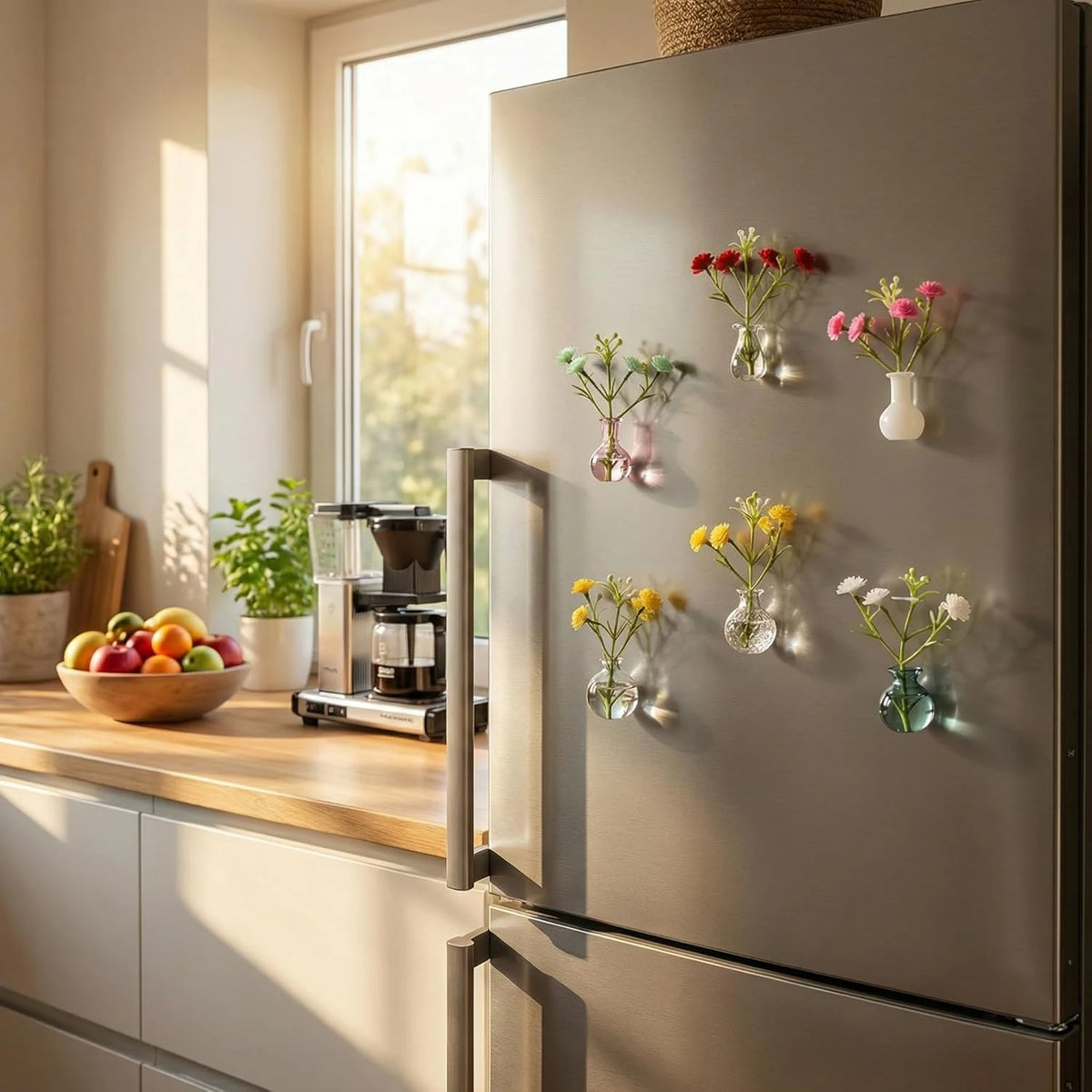 aimants decoratifs mini vases fleurs artificielles differentes couleurs transparentes champetre refrigerateur