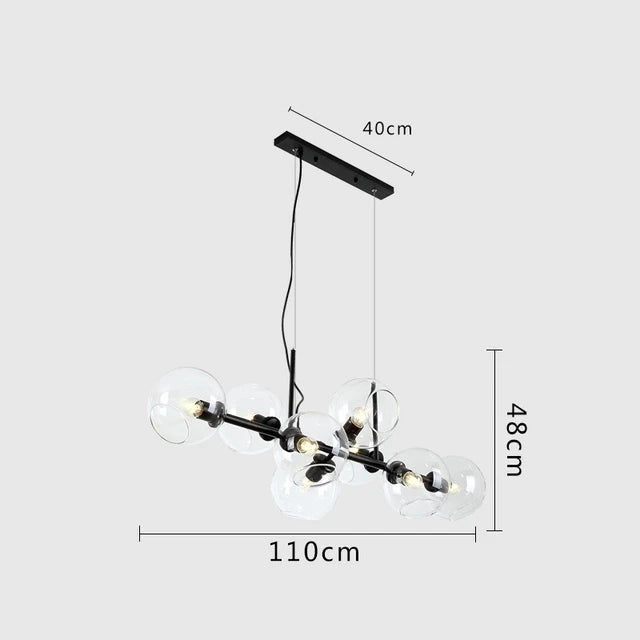 Suspension lumineuse moderne sphères transparentes dorées structure métallique noir chambre salon