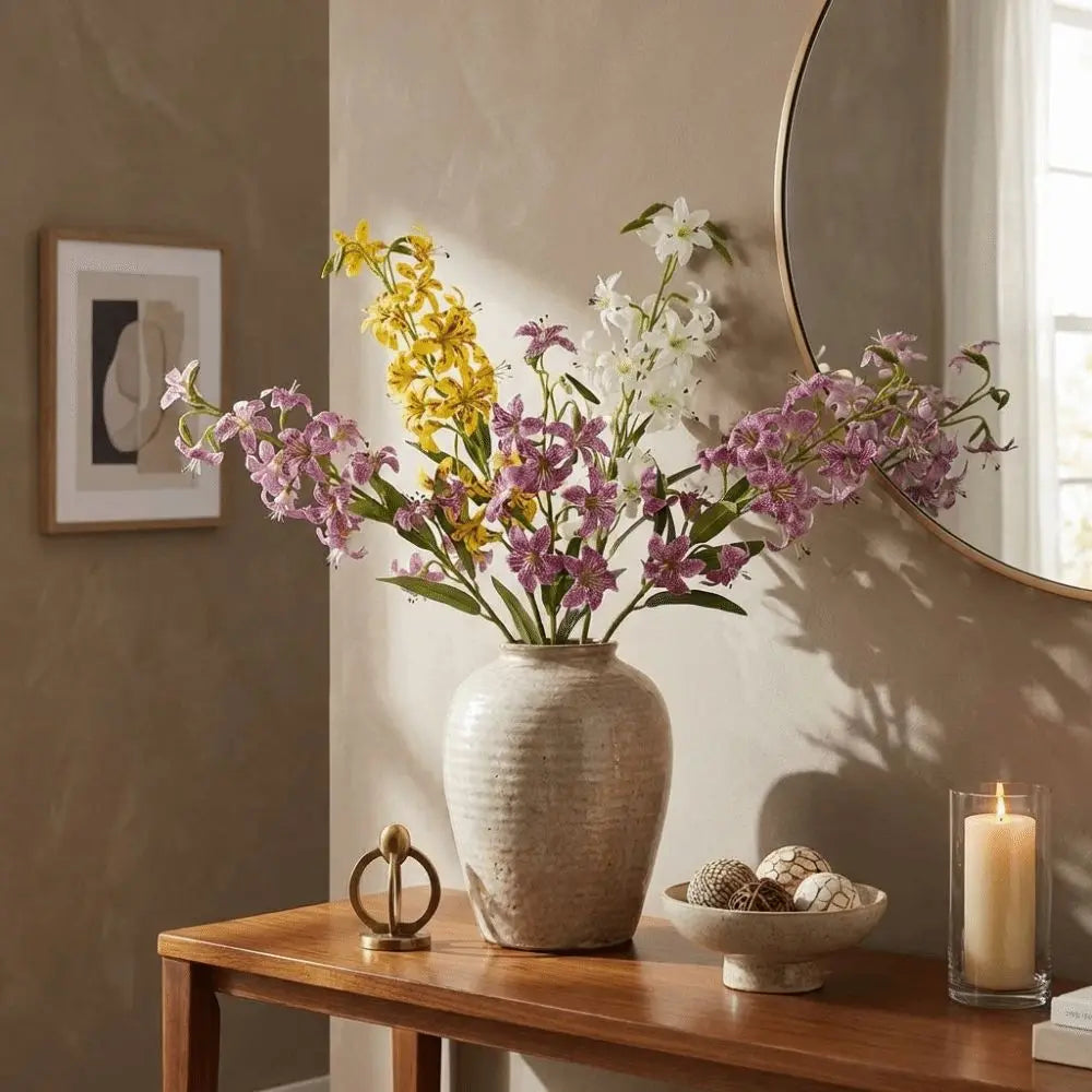 décoration intérieure moderne bouquet fleurs artificielles violet rose blanc jaune vase rectangulaire