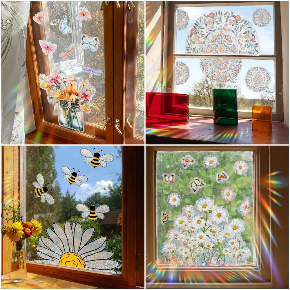 stickers fenetre decoratifs fleurs arc ciel multicolores adhésifs pvc naturel artistique