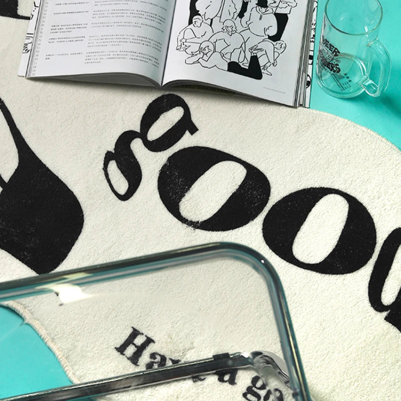 tapis polyester motif tasses have good day blanc noir moderne minimaliste