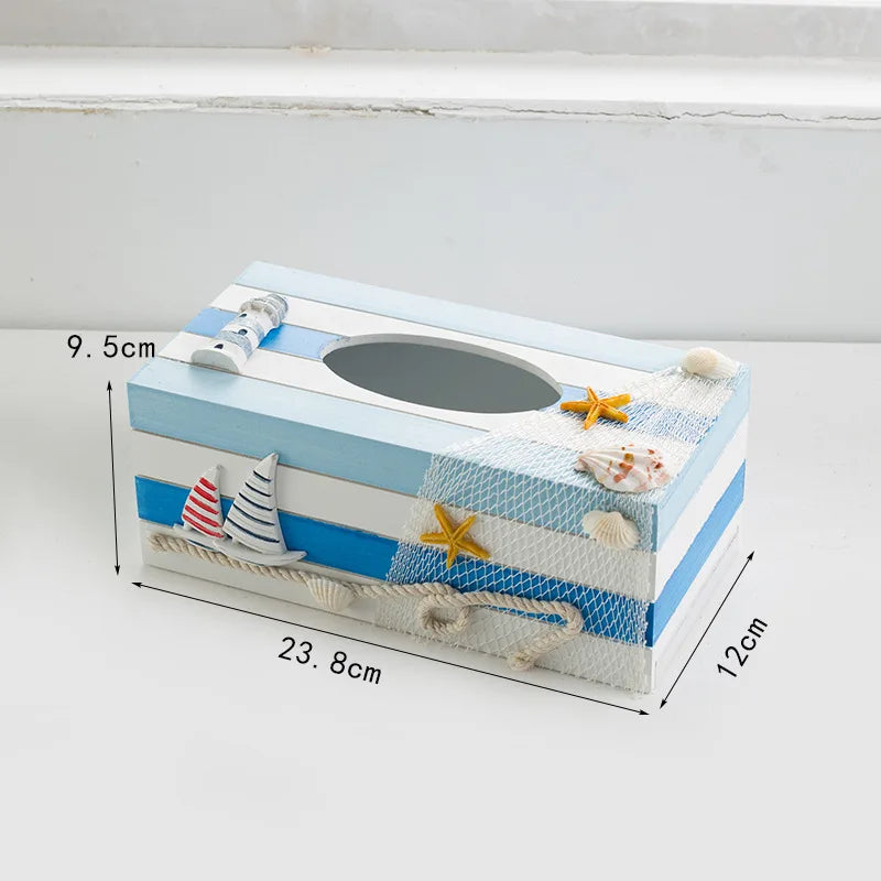 boîte mouchoirs marin bois bleu rayures coquillages bateau étoile mer décorative maison rangement