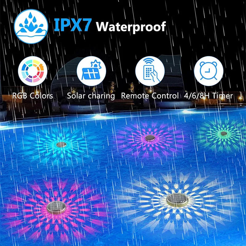 éclairage flottant piscine led noir argenté couleurs modes télécommande ipx7