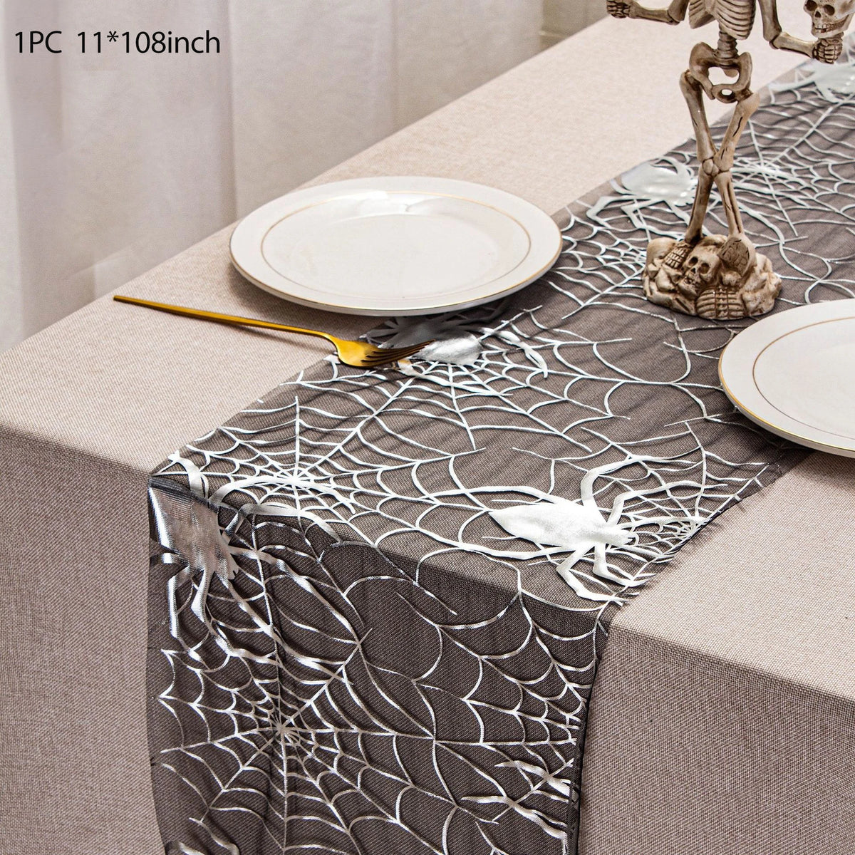 table table halloween citrouilles crânes araignées feuilles gris doré unique festive