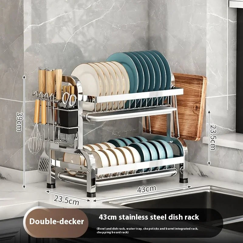 étagère vaisselle acier inoxydable moderne pieds ronds assiettes cuillères couteaux tranchettes grille 43cm dimension
