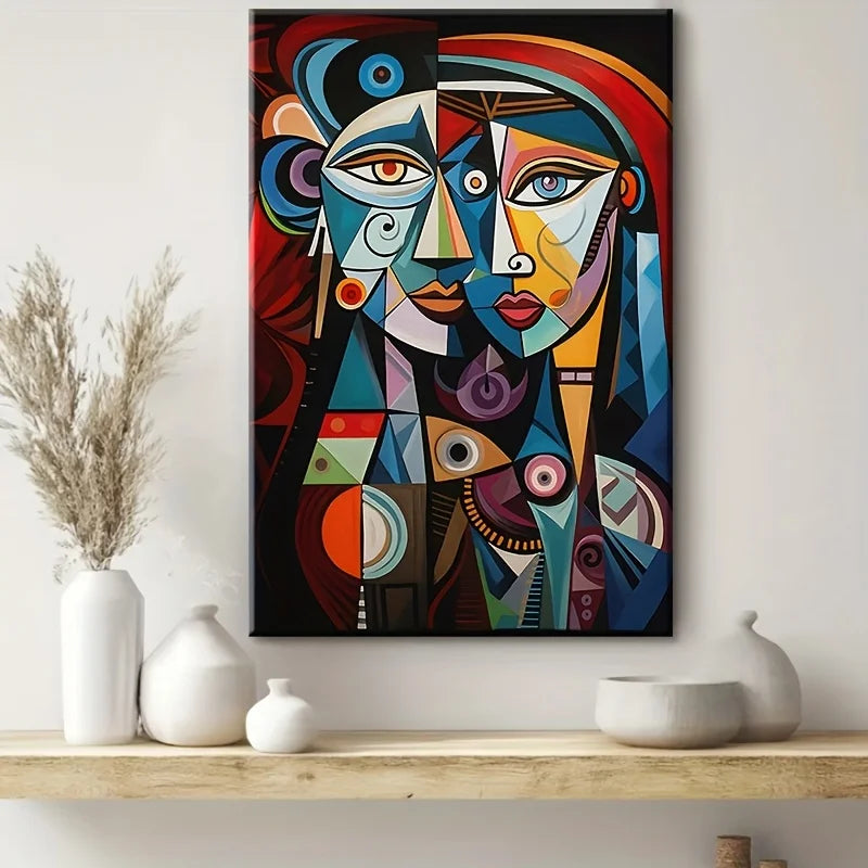 tableau abstrait géométrique moderne toile impression cubiste contrasté bleu rouge noir blanc orange vert