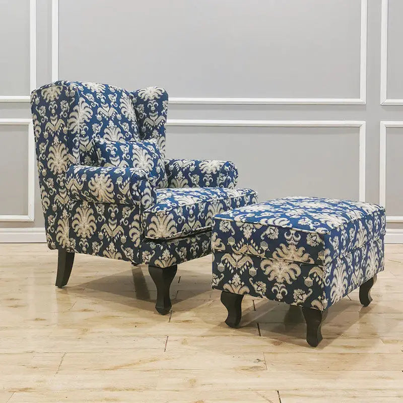 fauteuil classique bleu damassé coussin tissu composite bois sponge chambre salon minimaliste moderne