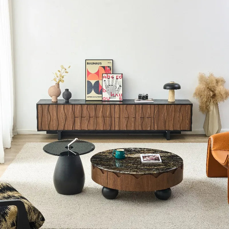table basse ronde bois marbrée pieds sphériques tiroir moderne minimaliste salon