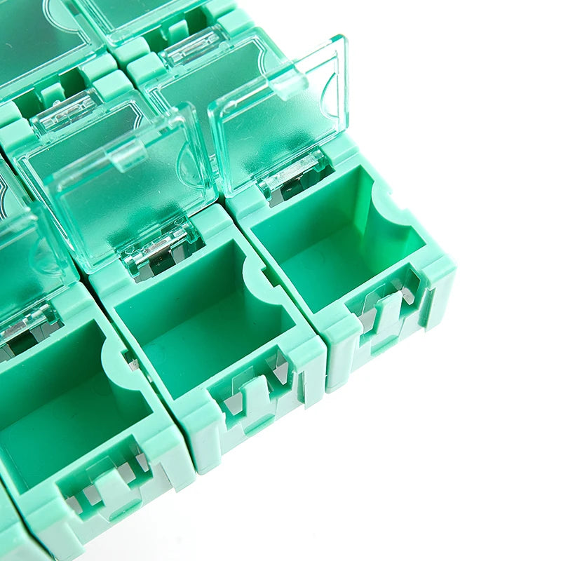 boîtes rangement électroniques transparentes vert rouge bleu jaune noir pratiques clips compactes