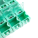 boîtes rangement électroniques transparentes vert rouge bleu jaune noir pratiques clips compactes