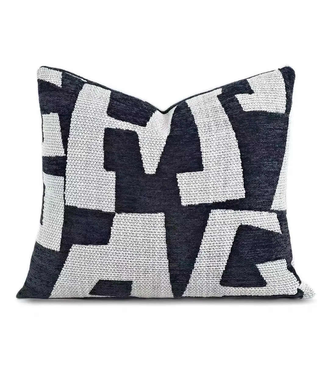 housse coussin géométrique moderne polyester coton noir blanc orange beige minimaliste contemporain ornemental 45x45cm