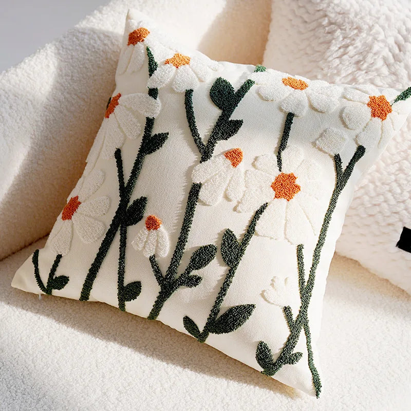 taies d'oreiller patchwork moderne motifs brodés couleurs variées géométriques fleurs beige marron noir blanc