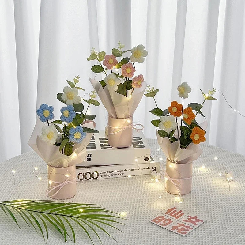 Bouquet fleurs artificielles crochetées orange bleu rose violet blanc moderne