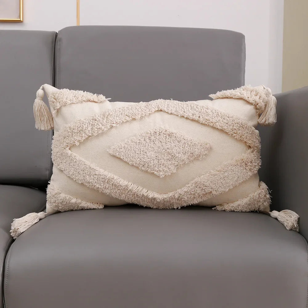 coussin carré géométrique blanc boho chic franges opaques décoration maison voiture