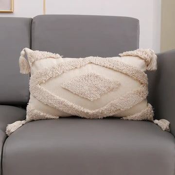 coussin carré géométrique blanc boho chic franges opaques décoration maison voiture