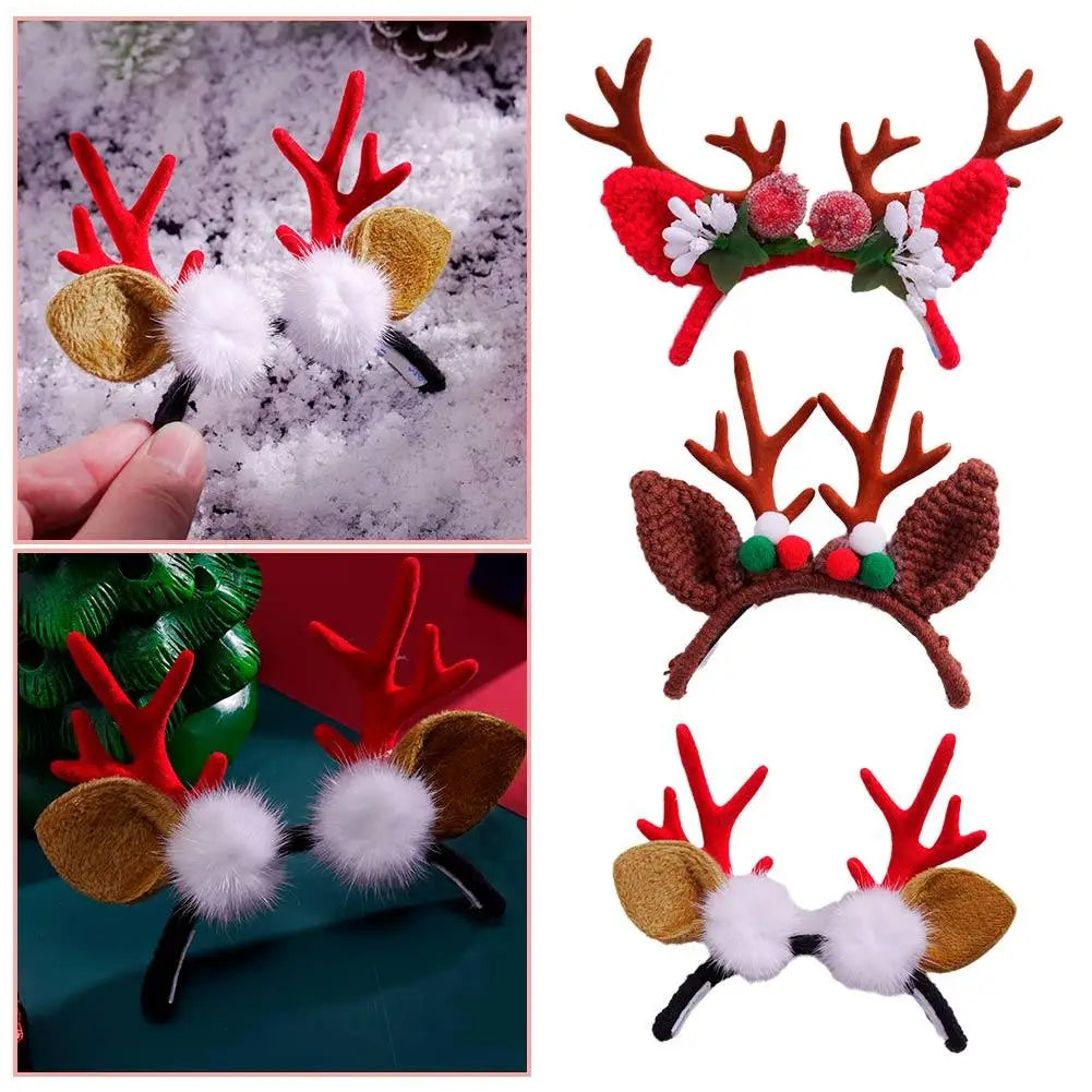 couronne cerf rouge marron blanche peluche crochetée festive élastique pompons fleurs artificielles