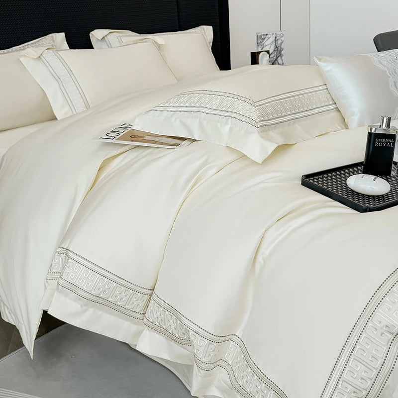 ensemble literie blanc brodé élégant 100 coton king queen size