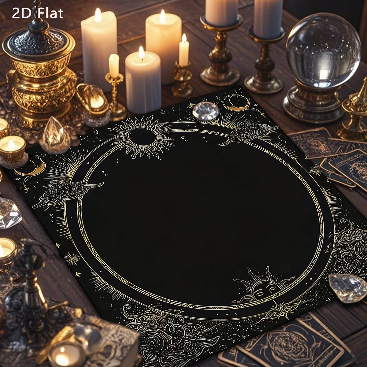 tapisserie tapis geométrique lune soleil étoiles doré noir artisanal mystique