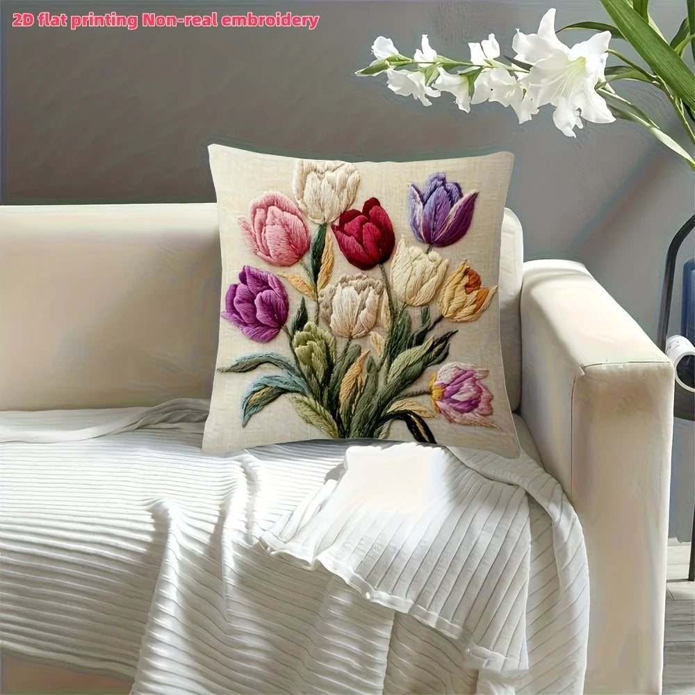 housse coussin motif tulipes colorées polyester beige traditionnelle 45x45cm salon chambre décoration