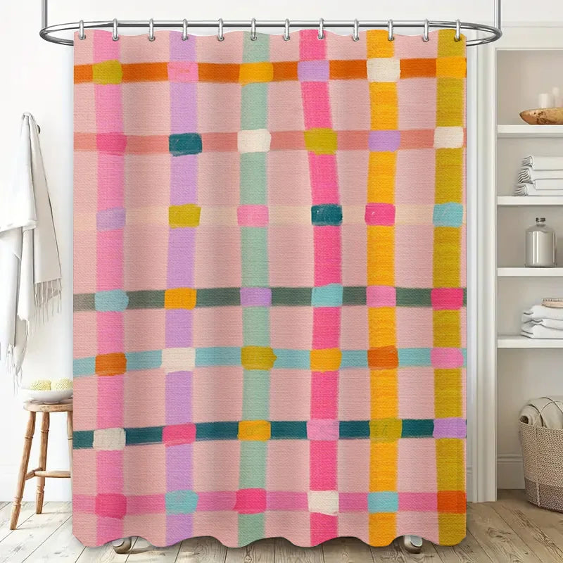 rideau douche moderne carreaux colorés rose vert jaune opacité tapis bain imperméable anneaux métal