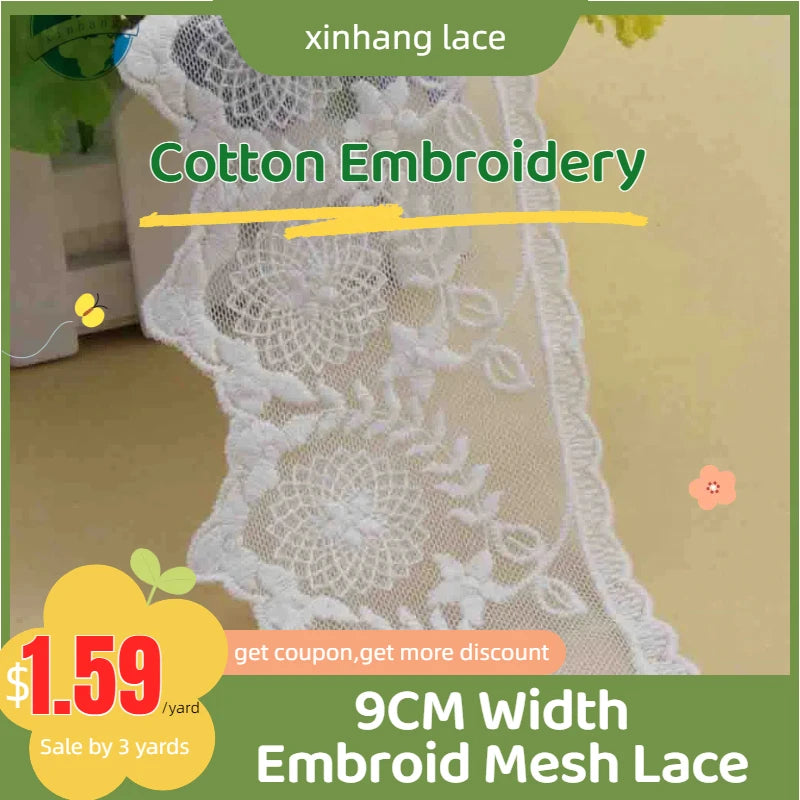 dentelle brodée coton blanc fleurs feuilles 9cm large traditionnelle opacité textile écolo