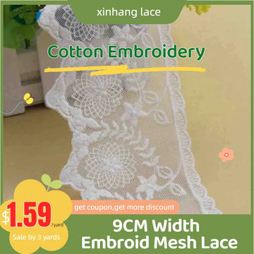dentelle brodée coton blanc fleurs feuilles 9cm large traditionnelle opacité textile écolo